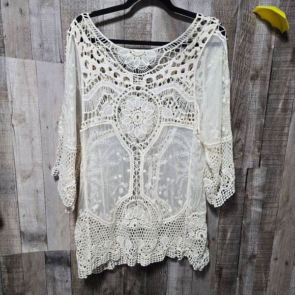 Entro Cream Mesh Lace Swim Suit Cover Up Boho Indie Hippy - Picture 3 of 5